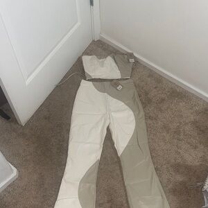 Pitaya Two-Piece Leather Colorblock Wide-Leg Set in Cream & Tan